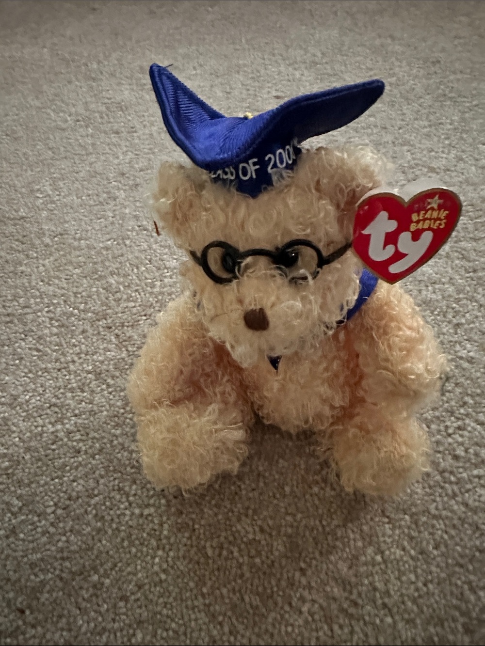 Ty Curly Tan Graduation Bear with Blue Cap
